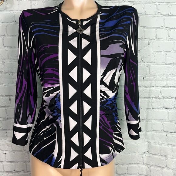Joseph Ribkoff Geometrical Jacket 3/4 Sleeves Shirred on sides Stretch Zip Up 14 - Picture 1 of 5